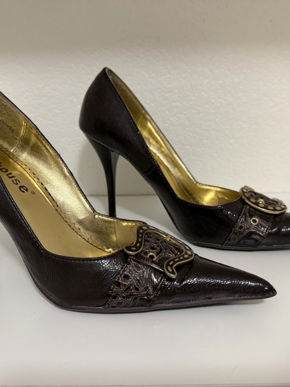 Dollhouse Dark Brown Pointed Toe High Heels with Decorative Buckle